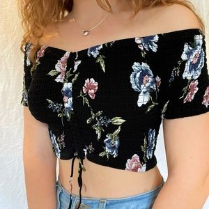 Kendall & Kylie black floral off the shoulder smock crop top